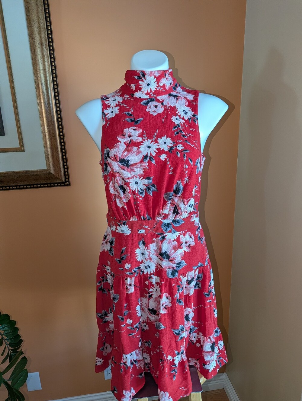 ELLE Floral High-Neck Red Sleeveless Dress